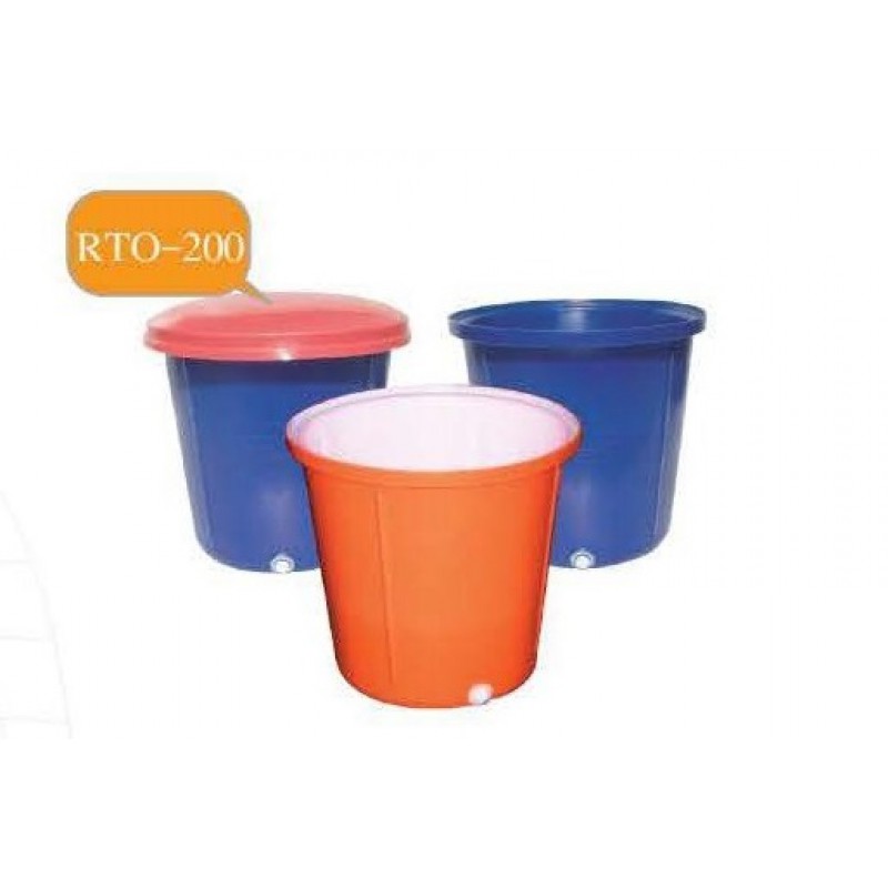 RTO-200-15 (กระบะ-ทรงกลม) :  กระบะ - ทรงกลม  ความจุ 200 ลิตร  ทรงกลม-ปากกว้าง  ซ้อนกันได้  